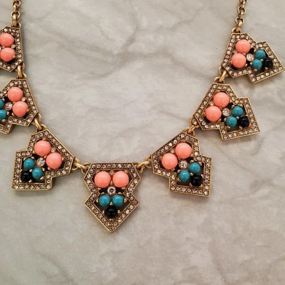 ✨ J.Crew Pave Rhinestone Crystal Blue Gold Coral Bohemian Necklace ✨